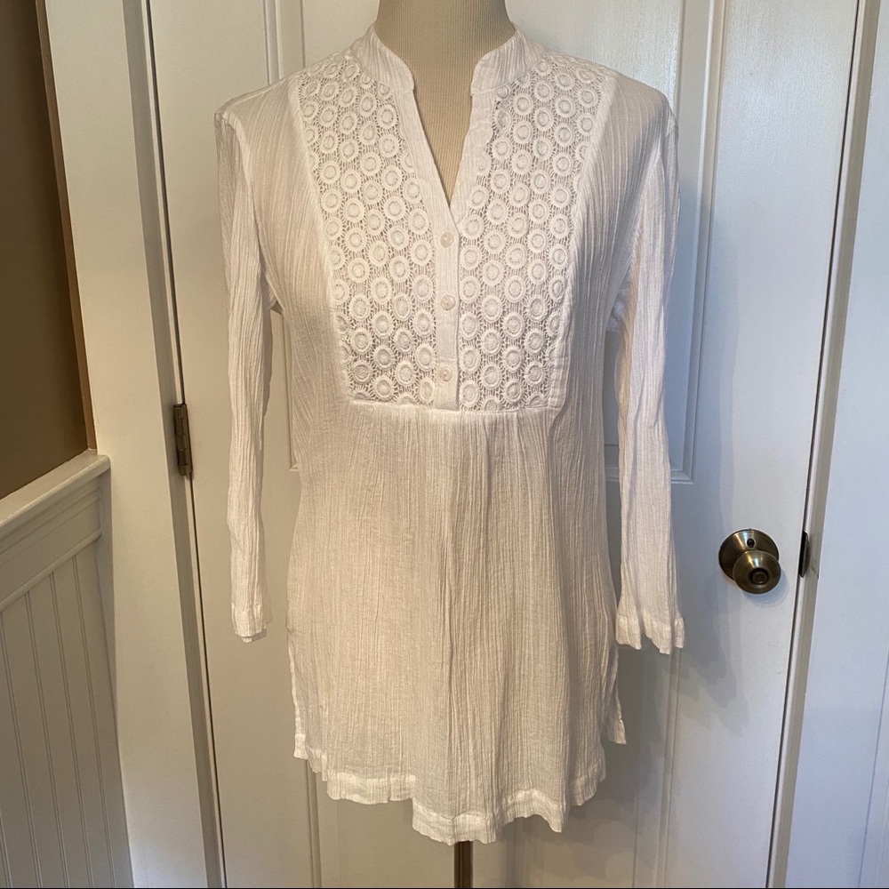 CHARTER CLUB TOP TUNIC WHITE GAUZE CRINKLE Size M